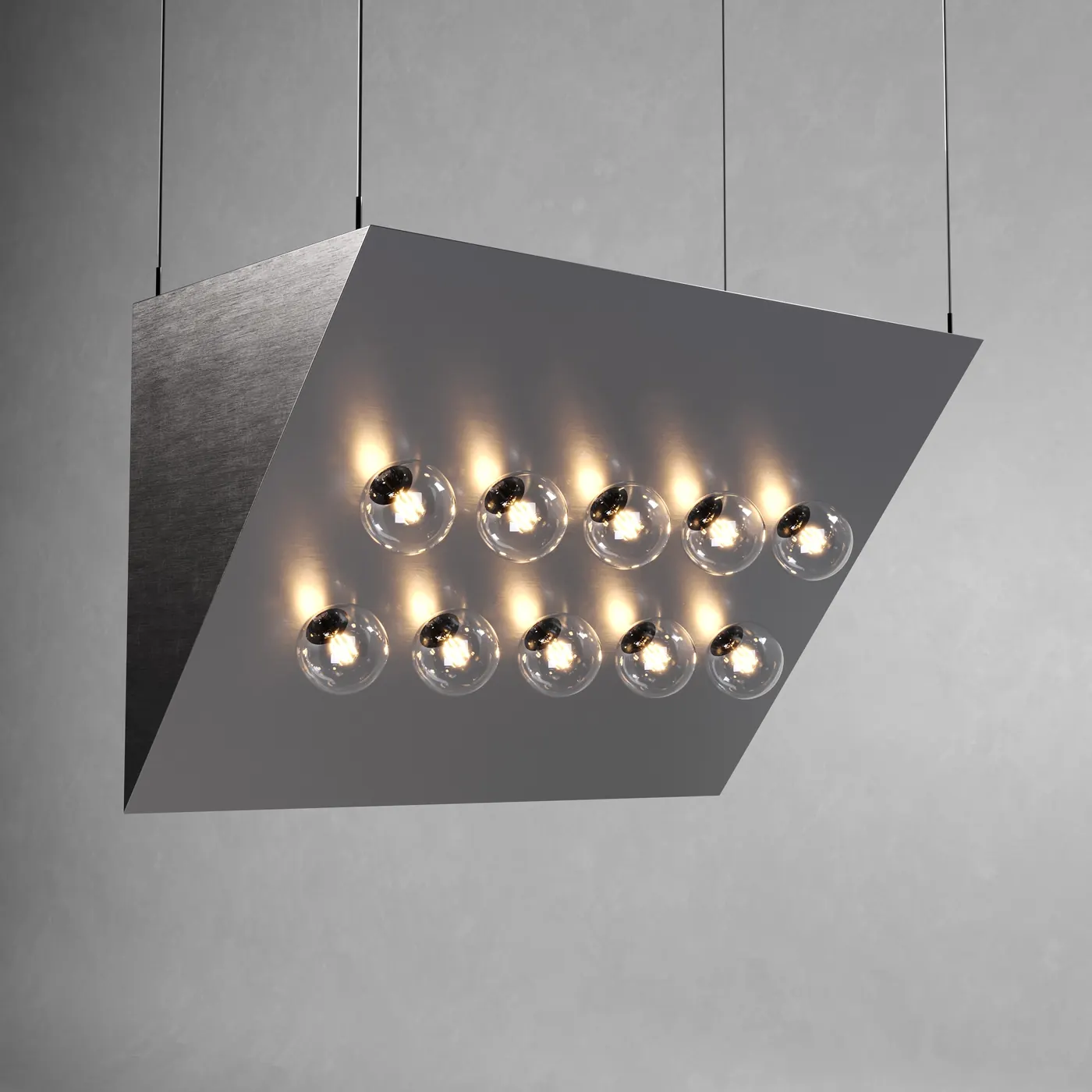 Suspended steel lamp with illuminated bulbs
